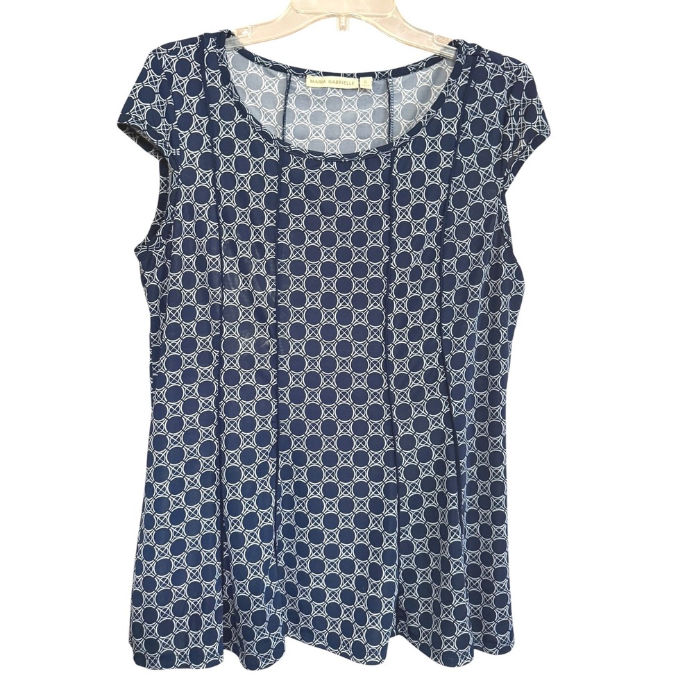 Maria Gabrielle Navy Blue White Geometric Circle Cap Sleeve‎ Blouse XL
